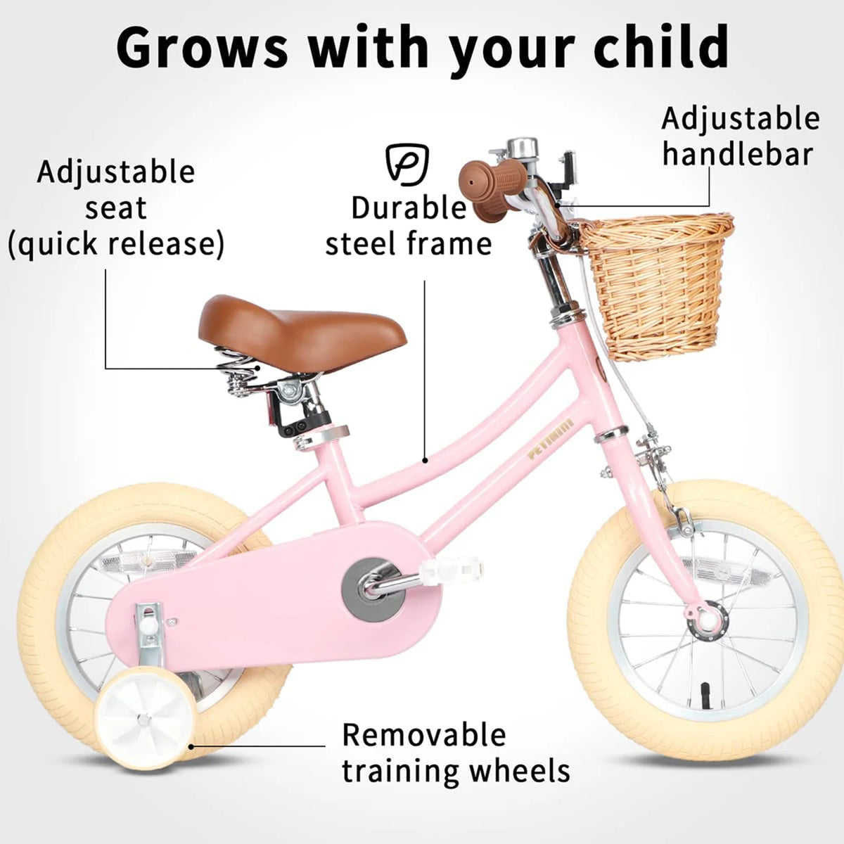 14 Inch Child Bicycle with Basket, Bell, and Training Wheels, Pink W875087