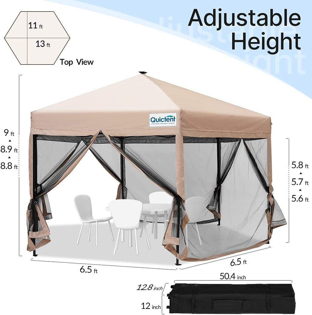 Beige Hexagonal Pop up Gazebo Tent with Mosquito Netting and LED Lights G9175