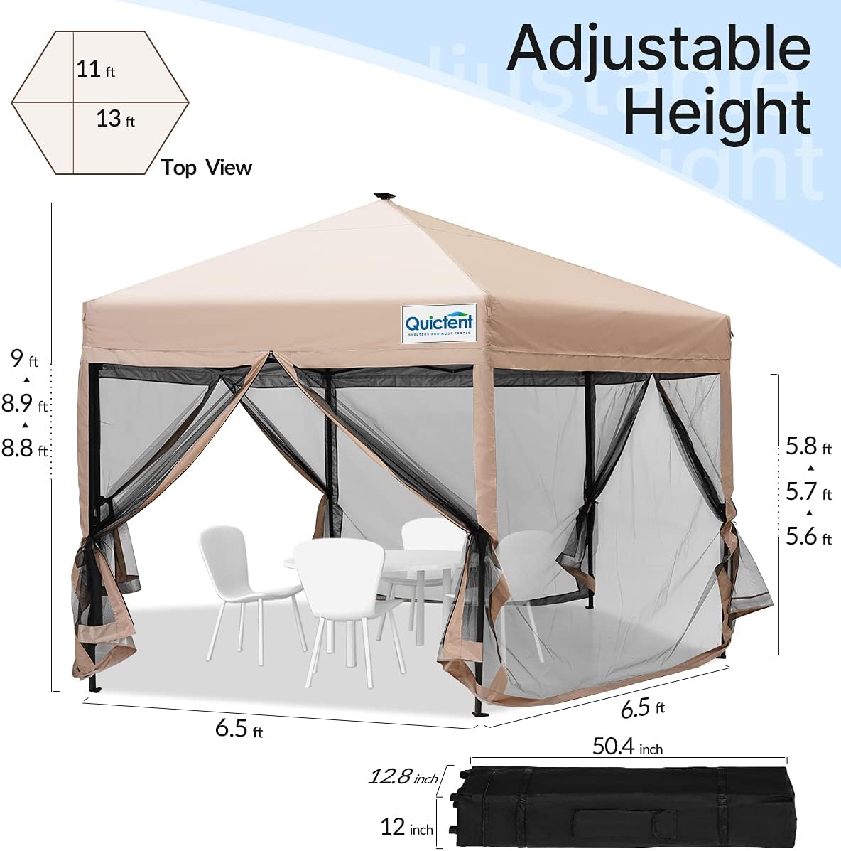 Beige Hexagonal Pop up Gazebo Tent with Mosquito Netting and LED Lights G9175
