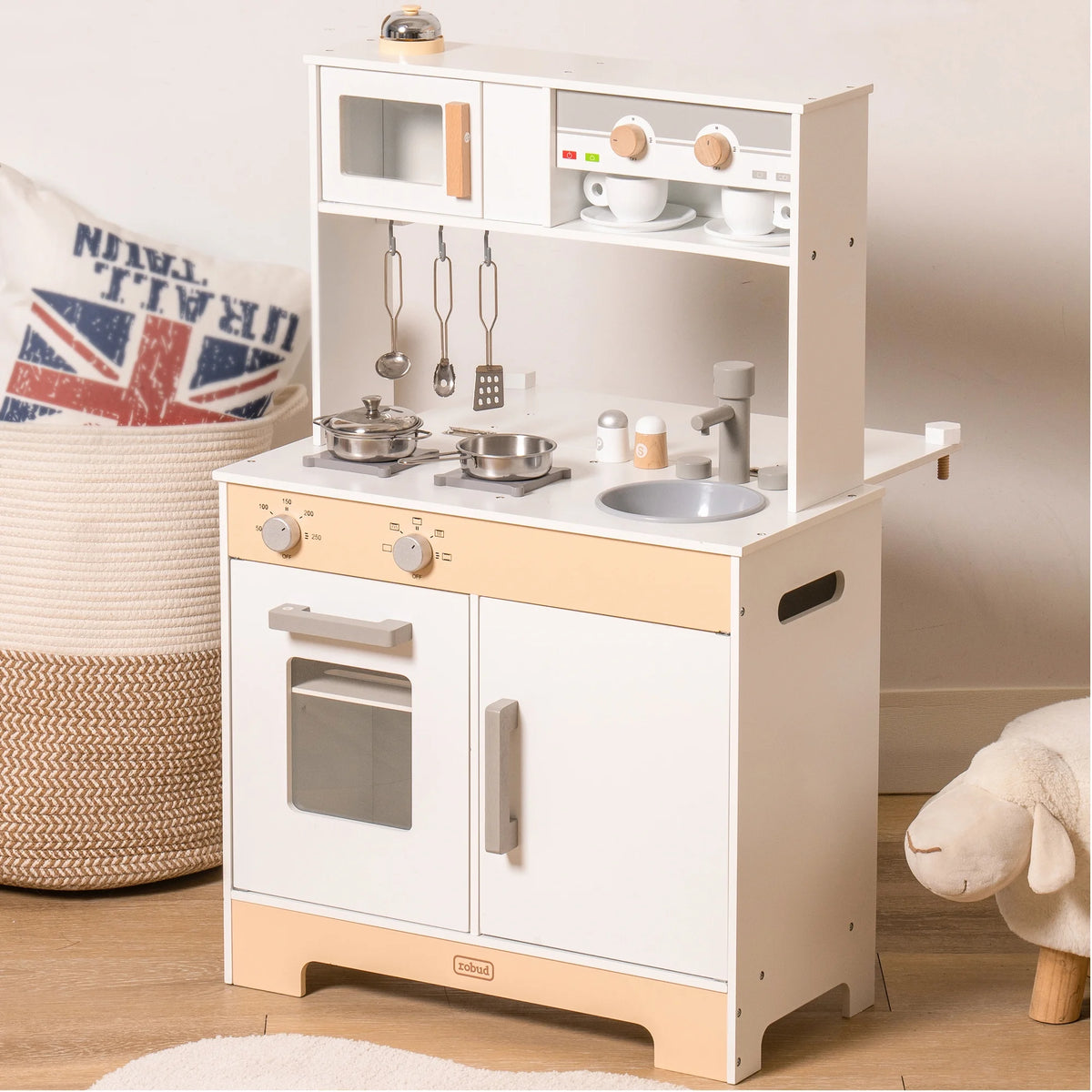 2 in 1 Wooden Play Kitchen Playset with Cookware Accessories N2746