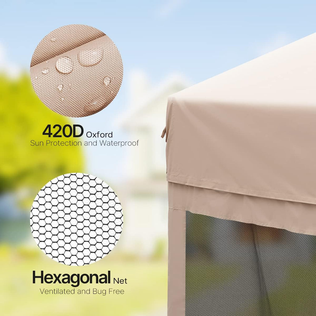 Beige Hexagonal Pop up Gazebo Tent with Mosquito Netting and LED Lights G9175