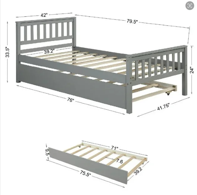 White Solid Pine Wood Twin Platform Bed with Trundle and Headboard Q631457