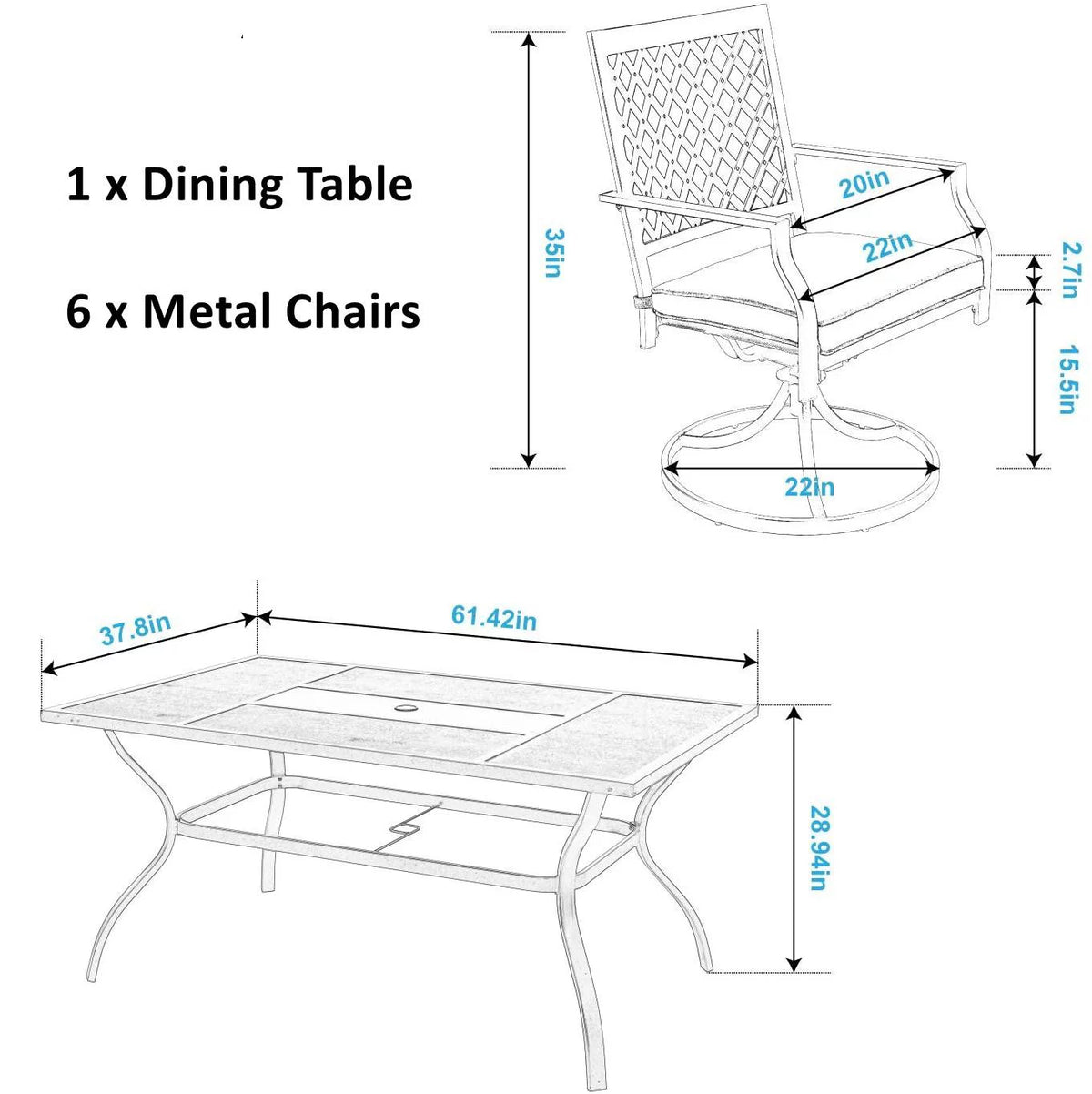 7 Piece Outdoor Patio Dining Set Swivel Chairs and Table W550
