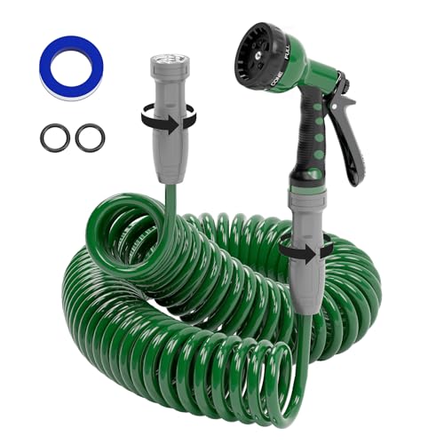 Lightweight Coil Garden Hose 50 FT with 6-Pattern Spray Nozzle A9254