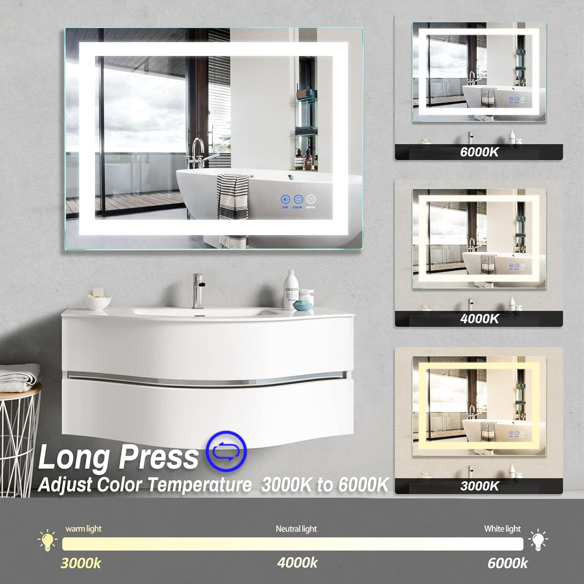 32x 24 LED Bathroom Mirror, Anti-Fog, Dimmable, Color Temperature Adjustable 3000-6000K I46578