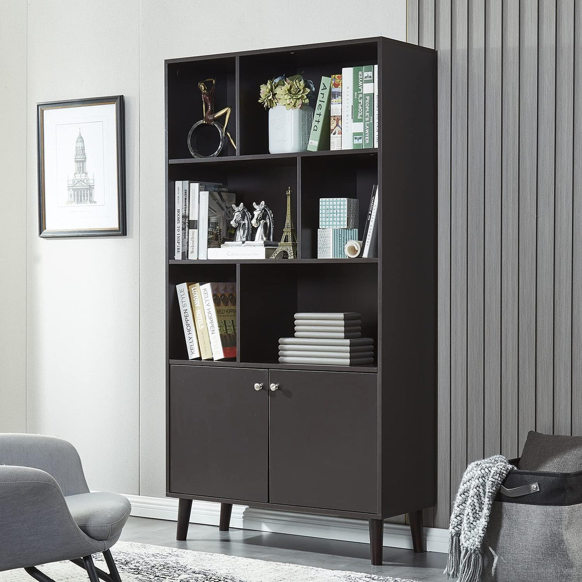 Modern Bookcase with 2 Doors Wooden Bookshelf with 6 Storage Cabinet Coffee Q644693