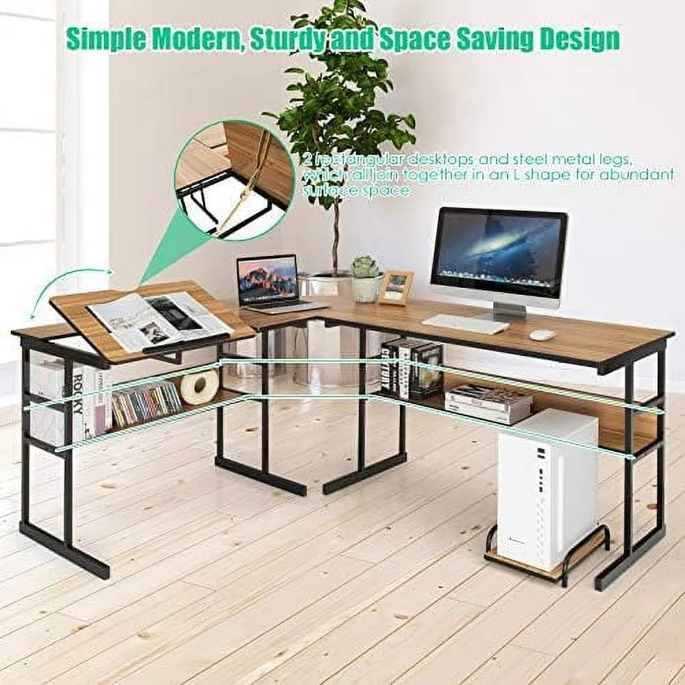 67 inches L-Shaped Corner Computer Desk with Bookshelves Q182395