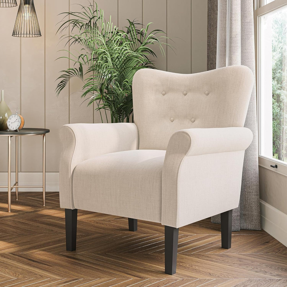 Beige Upholstered High Back Armchair with Wooden Legs X431