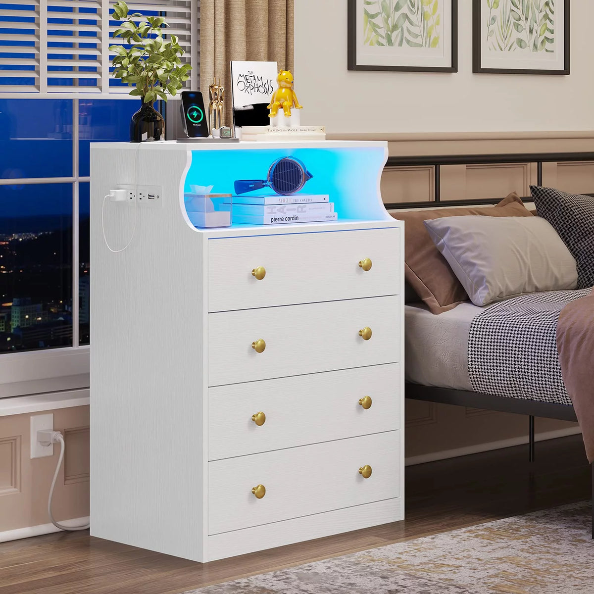 Black 4 Drawer Dresser with LED Lights and Charging Station J41706