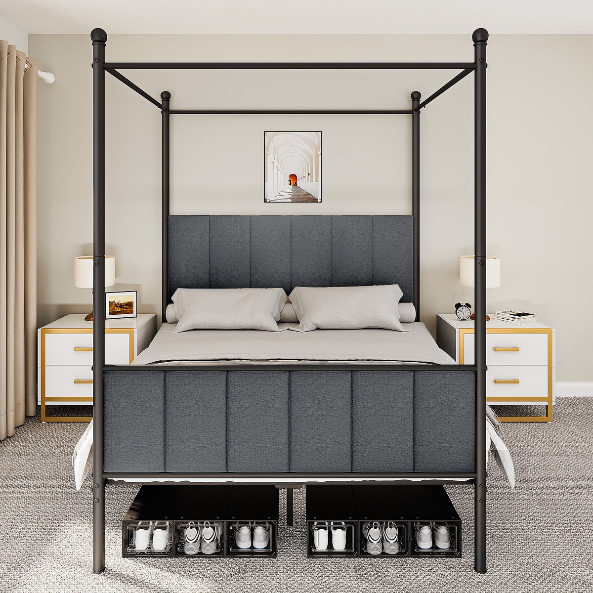 Queen Size Gray Metal Canopy Bed Frame with Headboard F1406