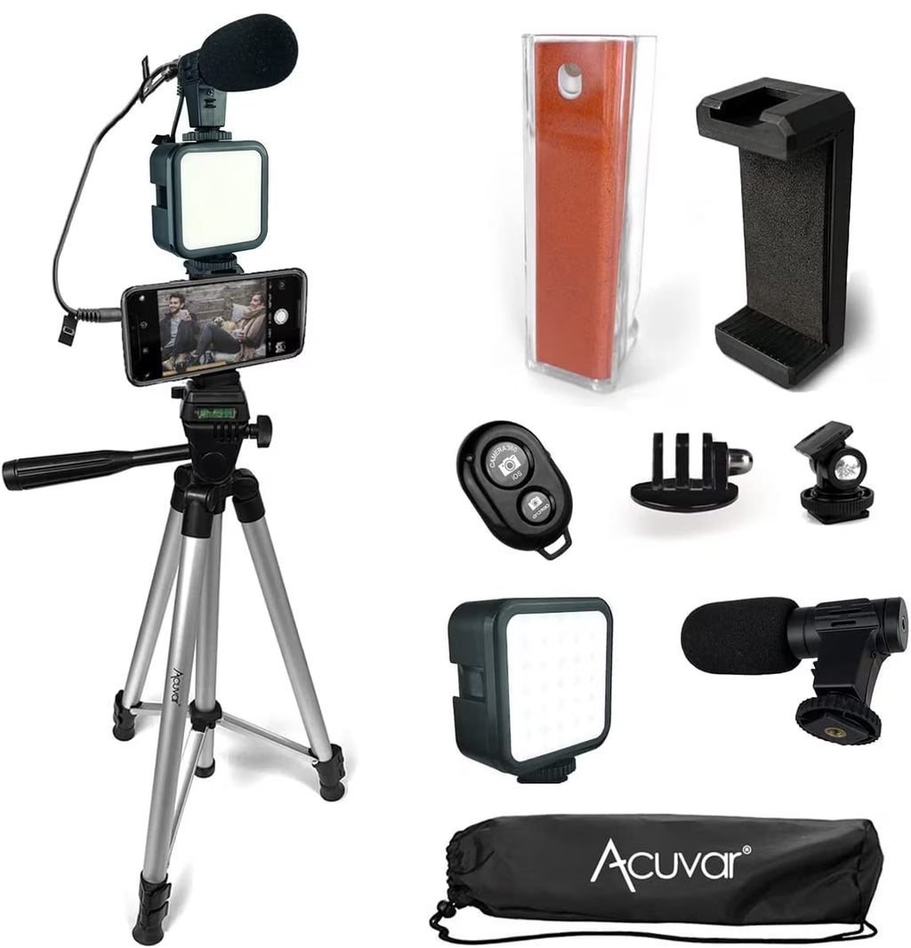 50" Tripod Vlogging Kit with 2 LED Lights, Phone Holder, Gopro Mount, Bluetooth Remote & Screen Cleaner Stand N154780
