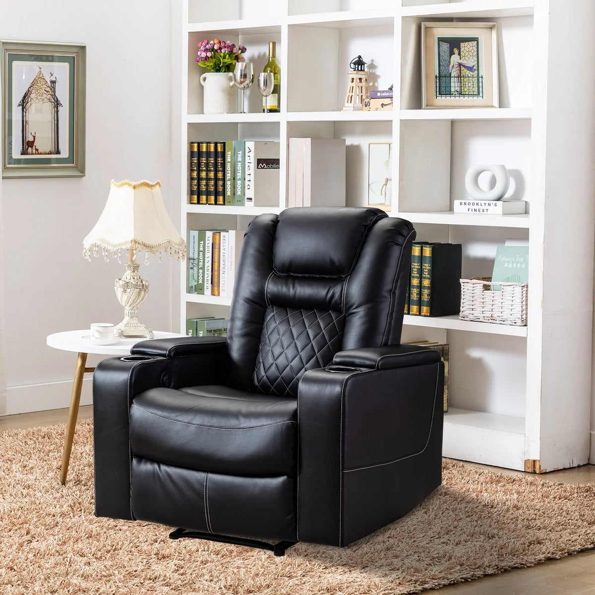 Brown Leather Home Theater Seating with USB Ports and Cup Holders X764848