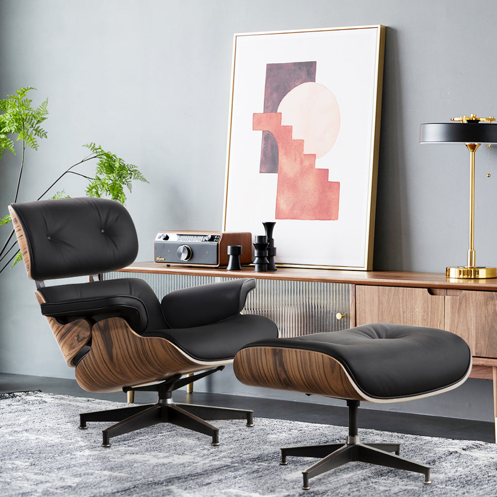 Black Tufted Leather Swivel Lounge Chair with Ottoman F61612