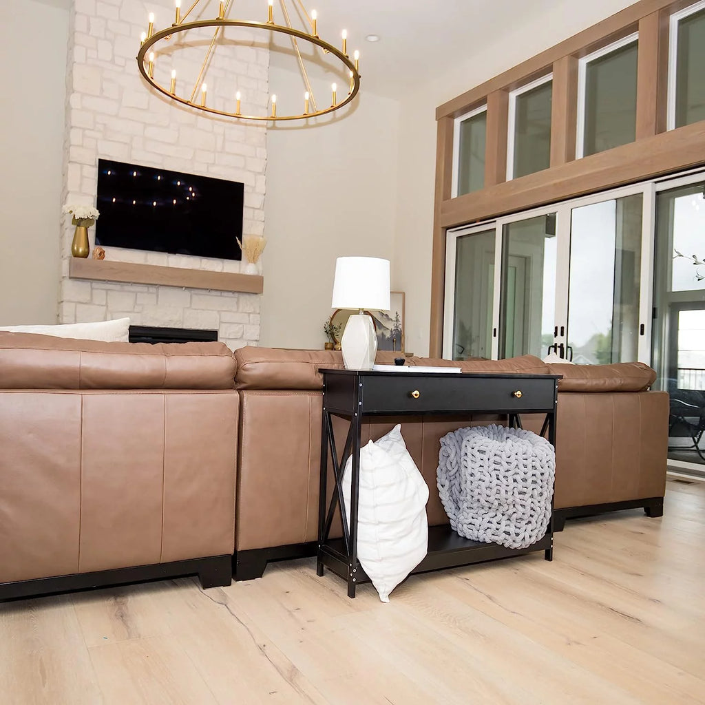 Narrow Wood Sofa Table with Drawer and Shelf J424436