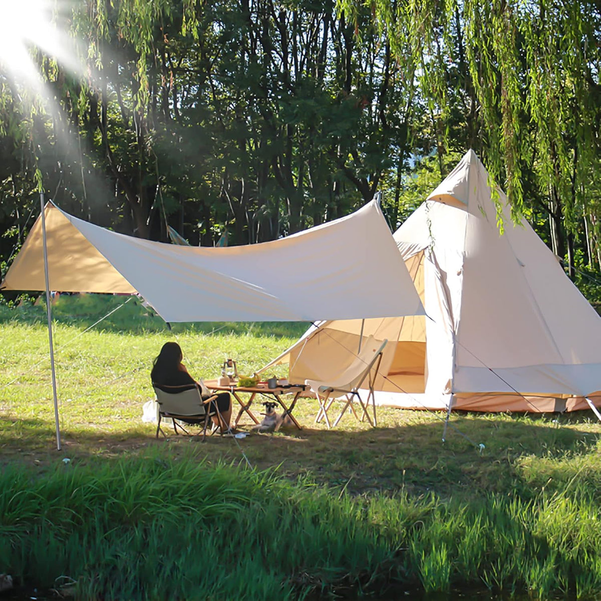 Camping Tent Tarp with Poles, 4-6 Person PU 3000mm Lightweight Awning Canopy Sun Shelter E293875