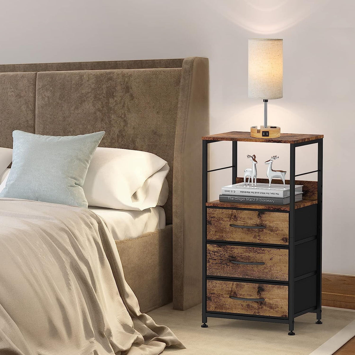 Brown 3 Drawer Wood Nightstand T301