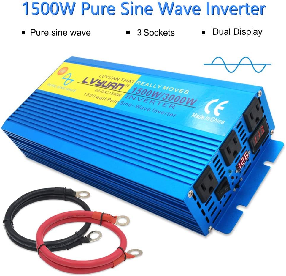 1500W Pure Sine Wave Power Inverter 12V DC to 110V AC with 3 AC Outlets K68405