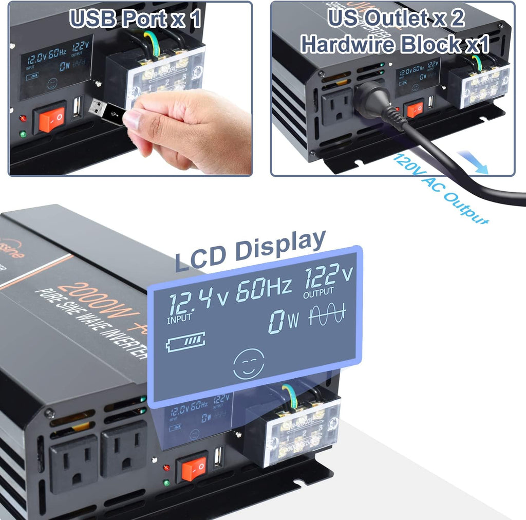 Power Inverter 2000W Pure Sine Wave 12v DC to AC 120v Peak 4000 Watt Converter with LCD Display USB Charge Port B602