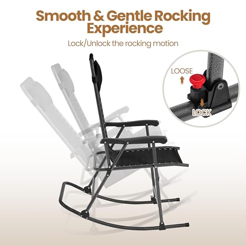 Beige Folding Rocking Chair with Cupholder and Pillow Y313