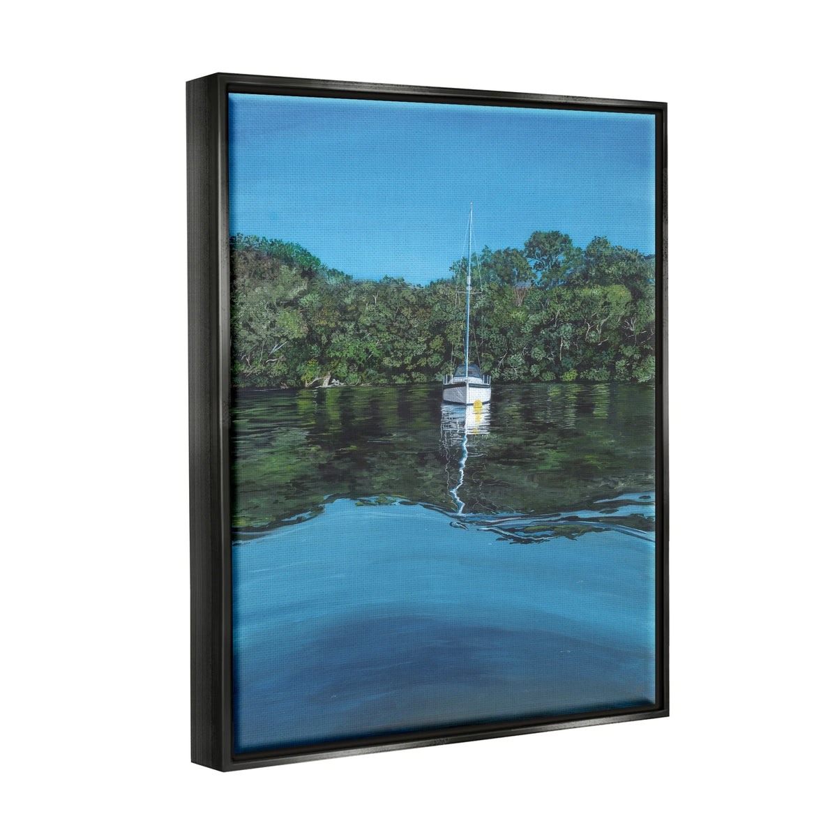 Boat on Sea Ripples Transportation Painting Black Floater Framed Art Print Wall Art, 17 x 21 K886