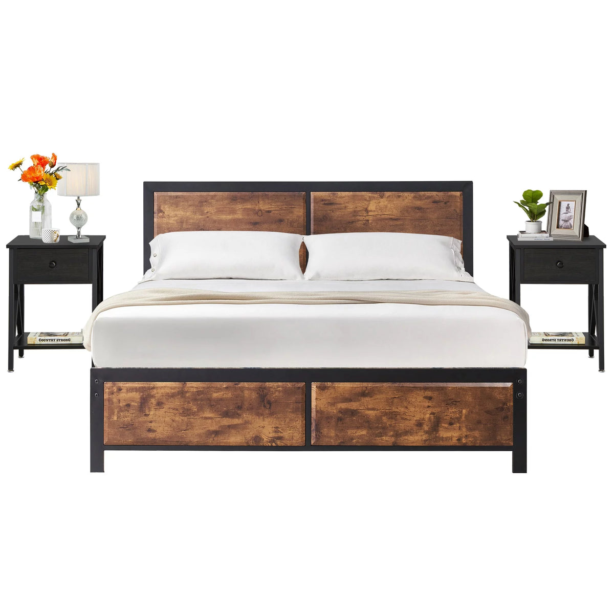 3-Piece Bedroom Set with Queen Size Bed Frame and Nightstands S606670