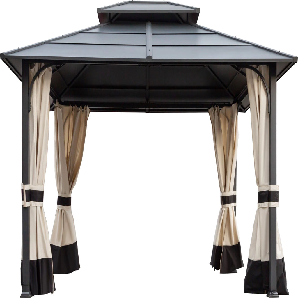 10x12ft Galvanized Steel Hard Top Outdoor Gazebo with Netting and Curtains W5413