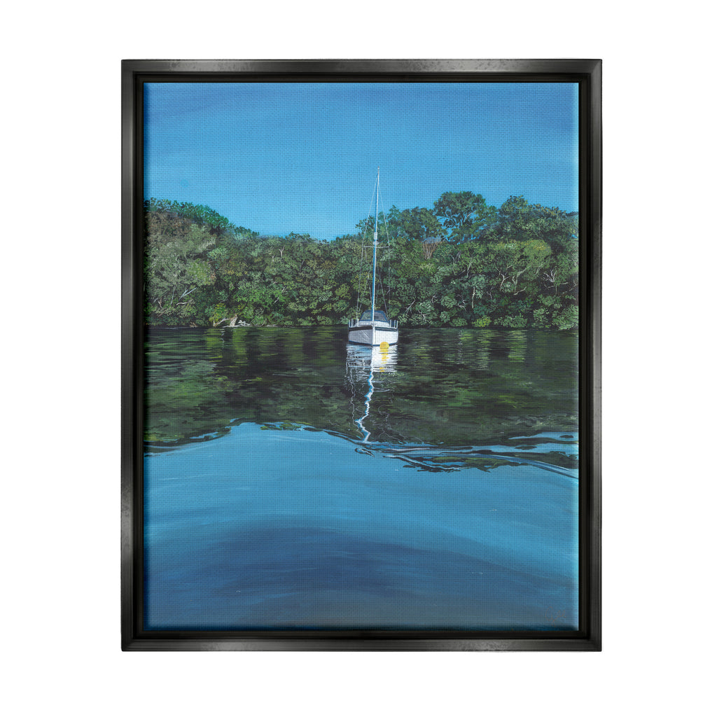 Boat on Sea Ripples Transportation Painting Black Floater Framed Art Print Wall Art, 17 x 21 K886