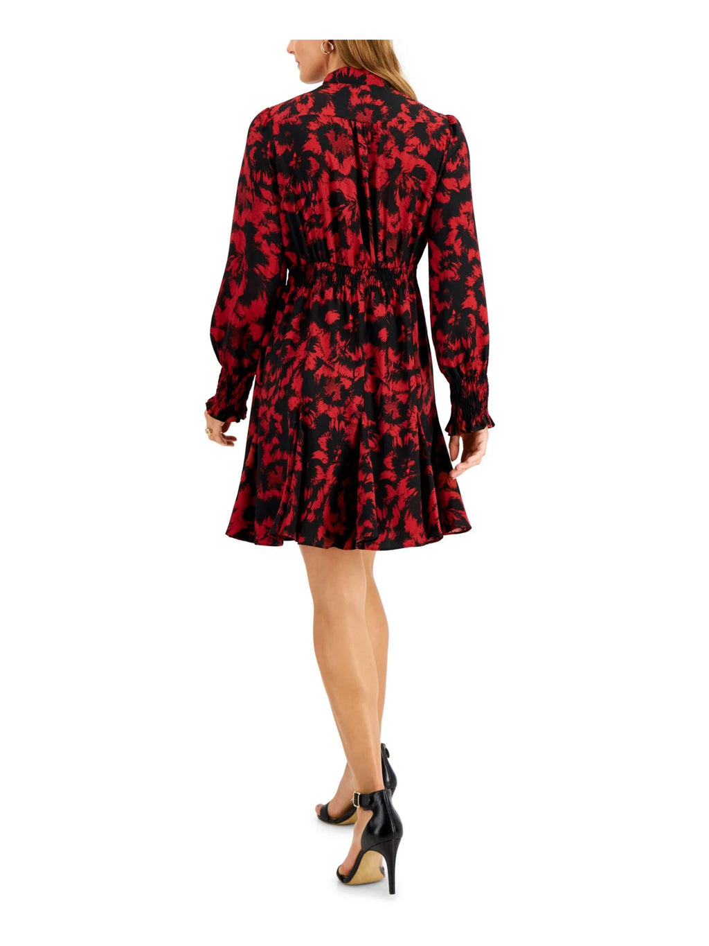 Red Tie Smocked Floral Pouf Sleeve V Neck A-Line Dress Petites 8P X10377