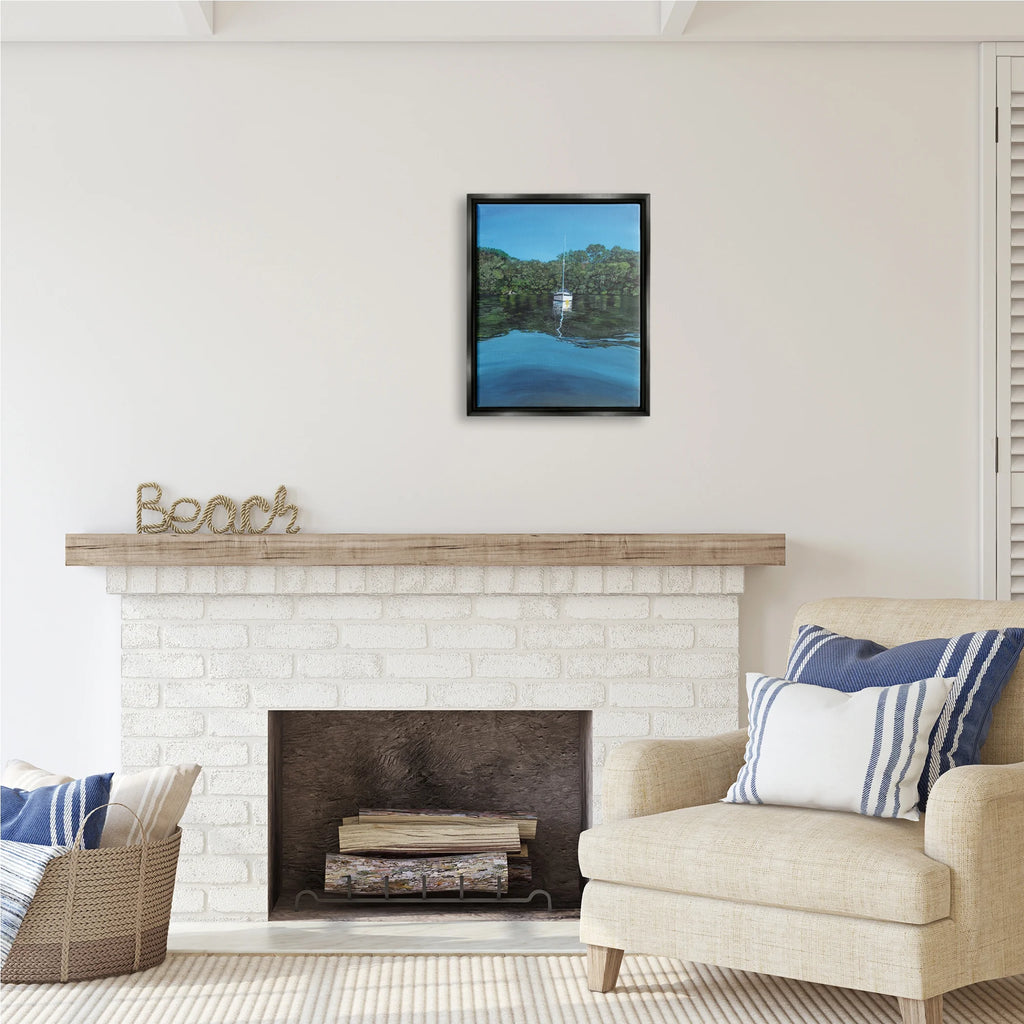 Boat on Sea Ripples Transportation Painting Black Floater Framed Art Print Wall Art, 17 x 21 K886