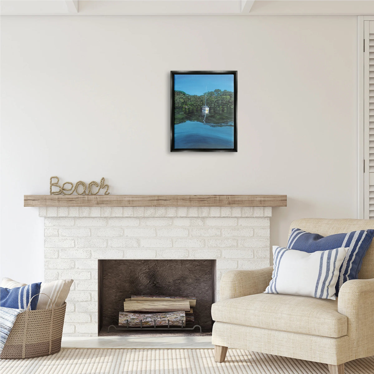 Boat on Sea Ripples Transportation Painting Black Floater Framed Art Print Wall Art, 17 x 21 K886
