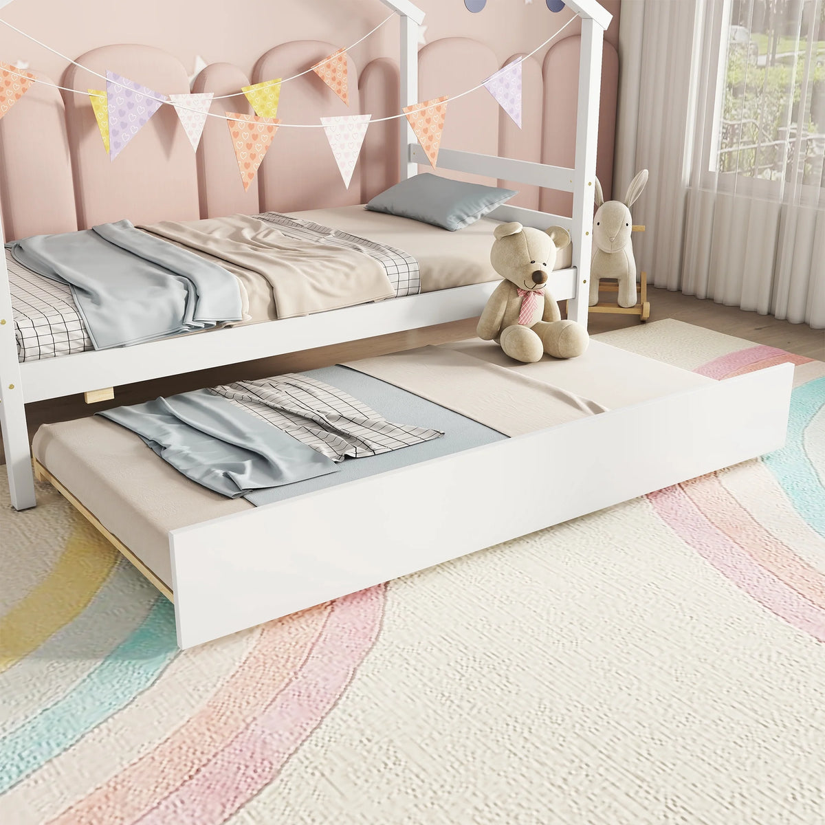 Twin Size White Bed Frame with Trundle C4154