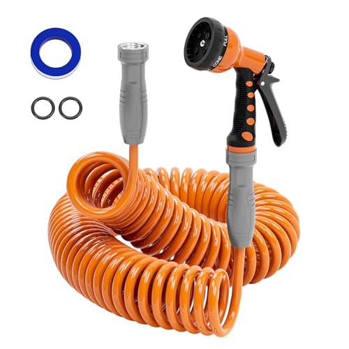 Lightweight Coil Garden Hose 50 FT with 6-Pattern Spray Nozzle A9254