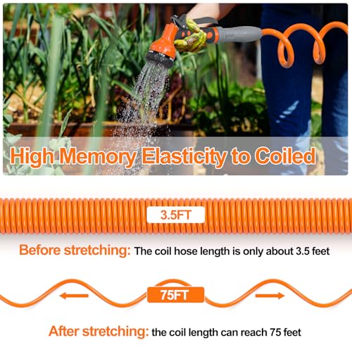 Lightweight Coil Garden Hose 50 FT with 6-Pattern Spray Nozzle A9254