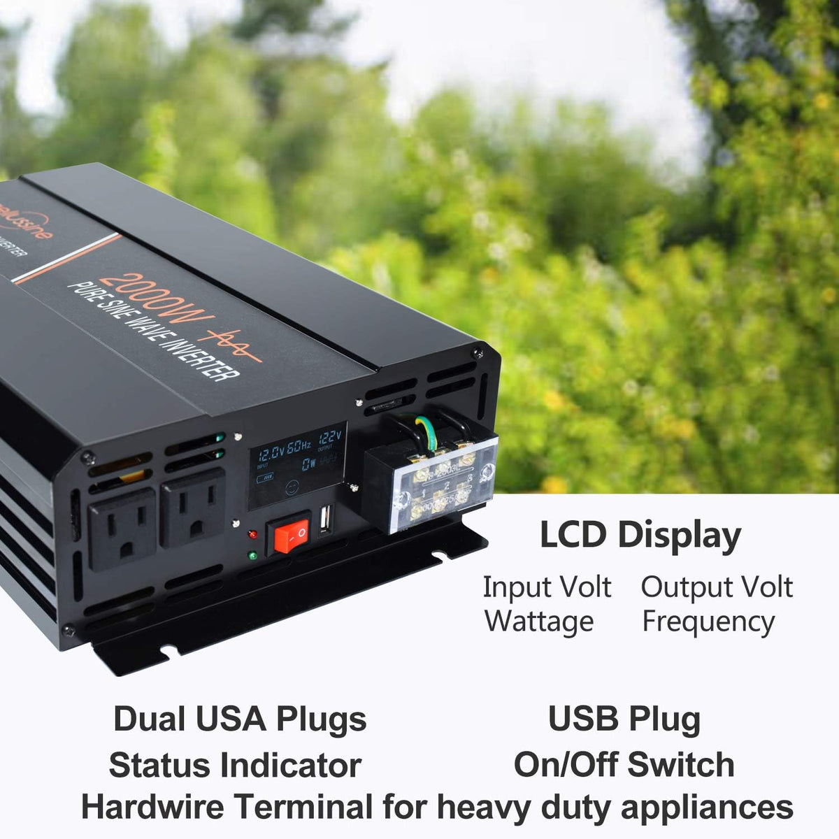 Power Inverter 2000W Pure Sine Wave 12v DC to AC 120v Peak 4000 Watt Converter with LCD Display USB Charge Port B602