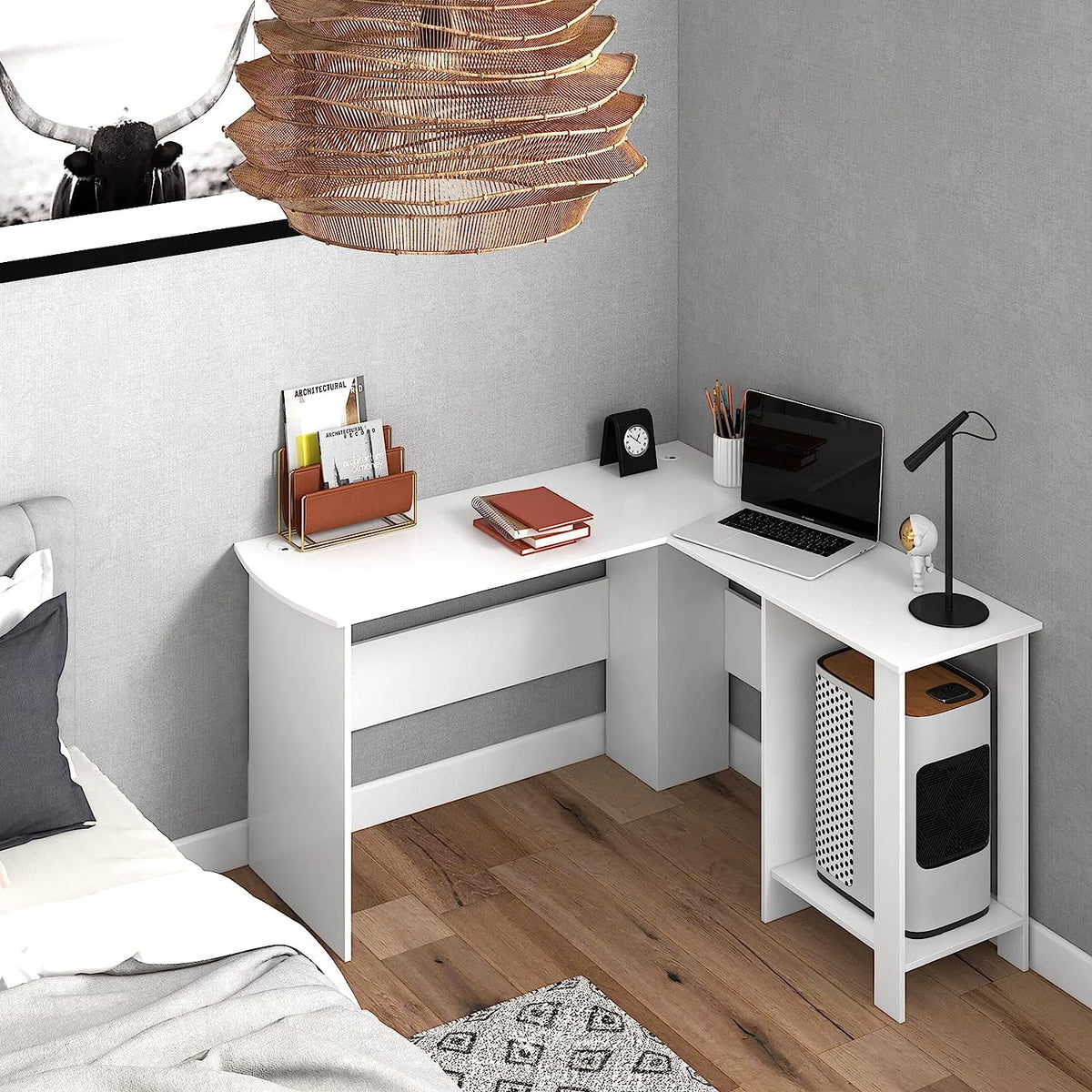 White L-Shaped Desk with Shelves X498