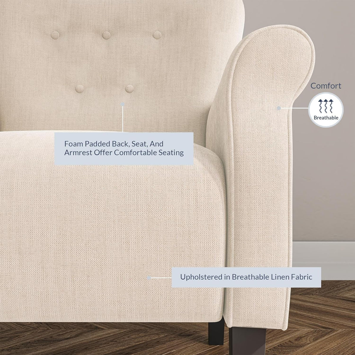 Beige Upholstered High Back Armchair with Wooden Legs X431