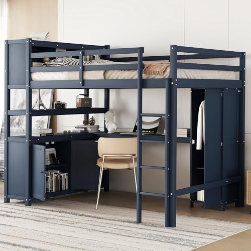 Full Size Wood Loft Bed with Desk and Storage K454
