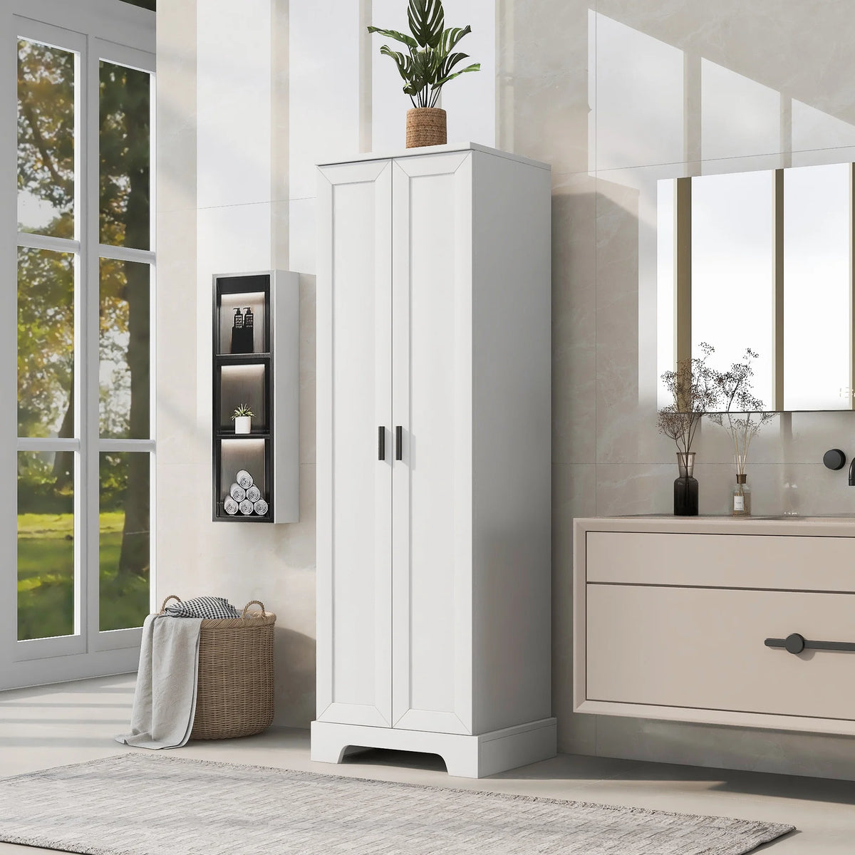 Tall Wood Bathroom Storage Cabinet with Adjustable Shelves B41266