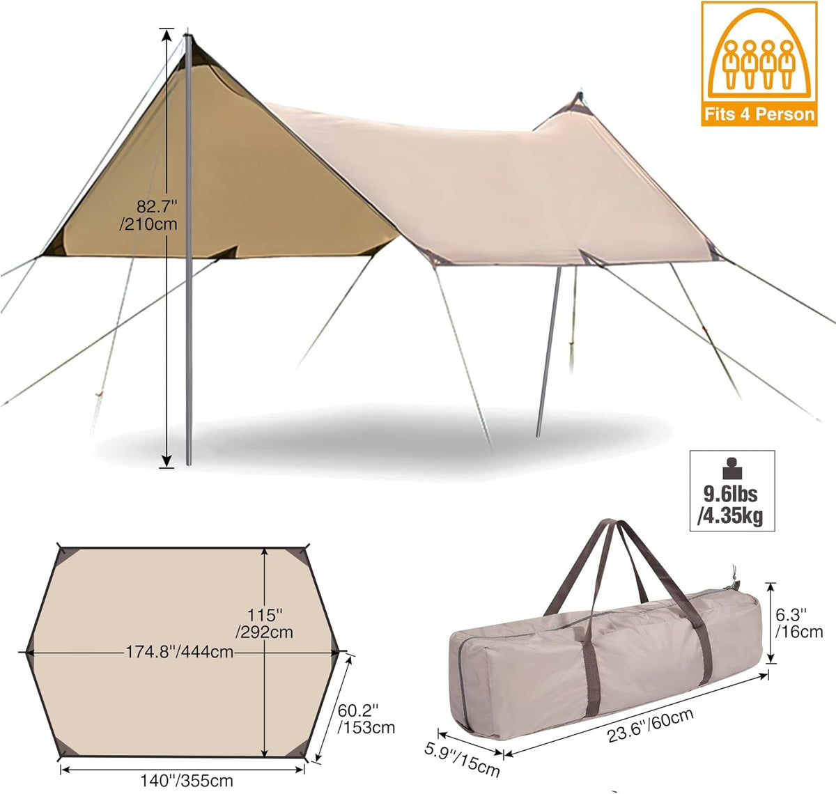 Camping Tent Tarp with Poles, 4-6 Person PU 3000mm Lightweight Awning Canopy Sun Shelter E293875