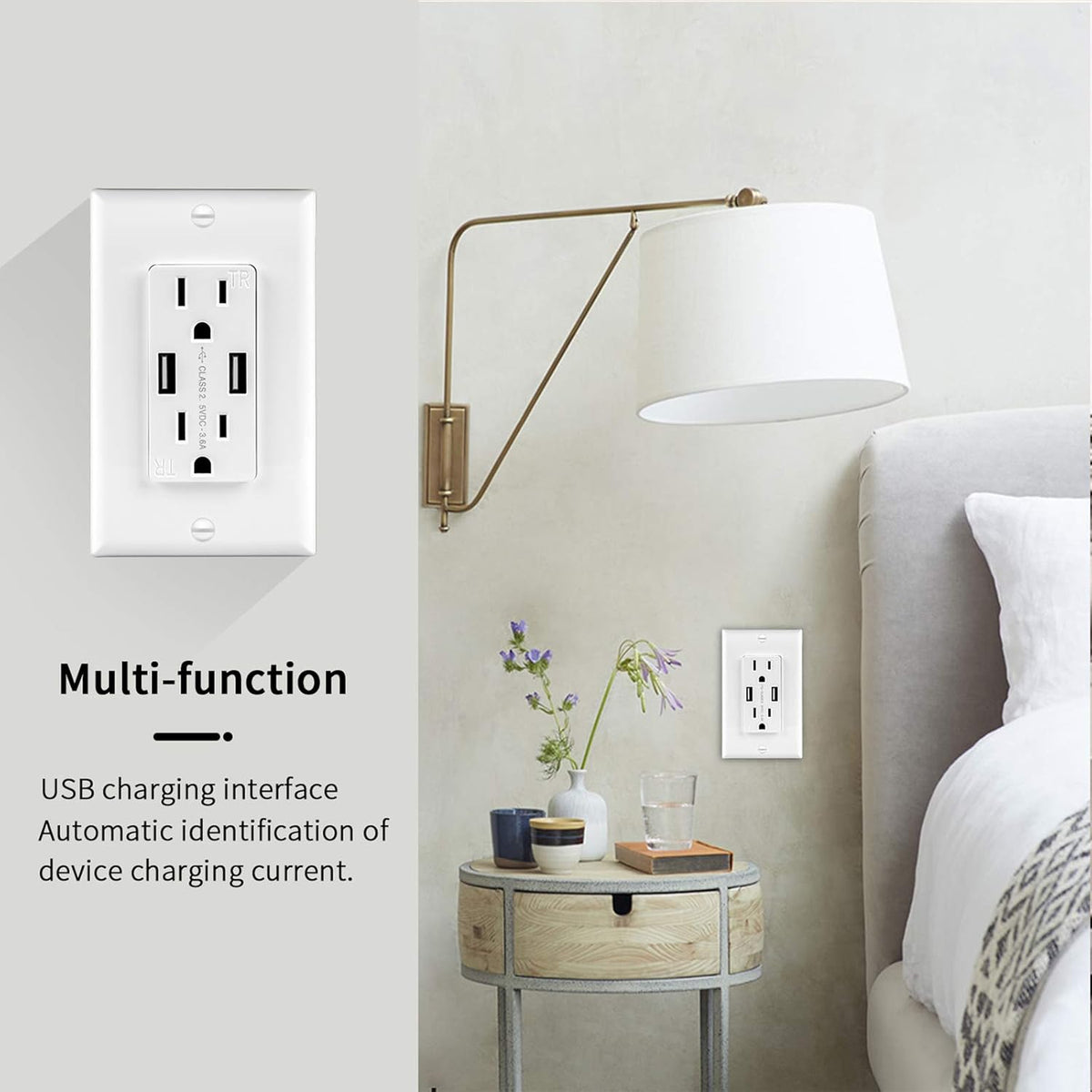 USB Wall Outlet Dual 3.6A USB Ports Charger, Duplex 15A Tamper-Resistant Receptacles, White, Pack of 2 B45509