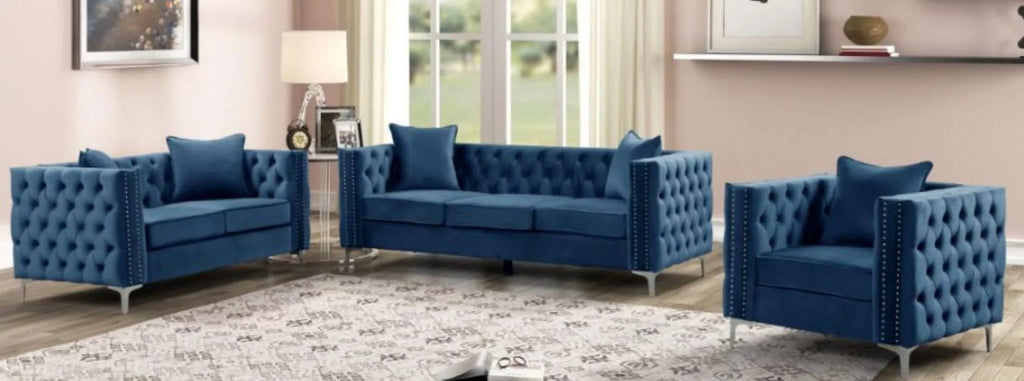 Blue Velvet Tufted Sofa Set 2Pcs K808533