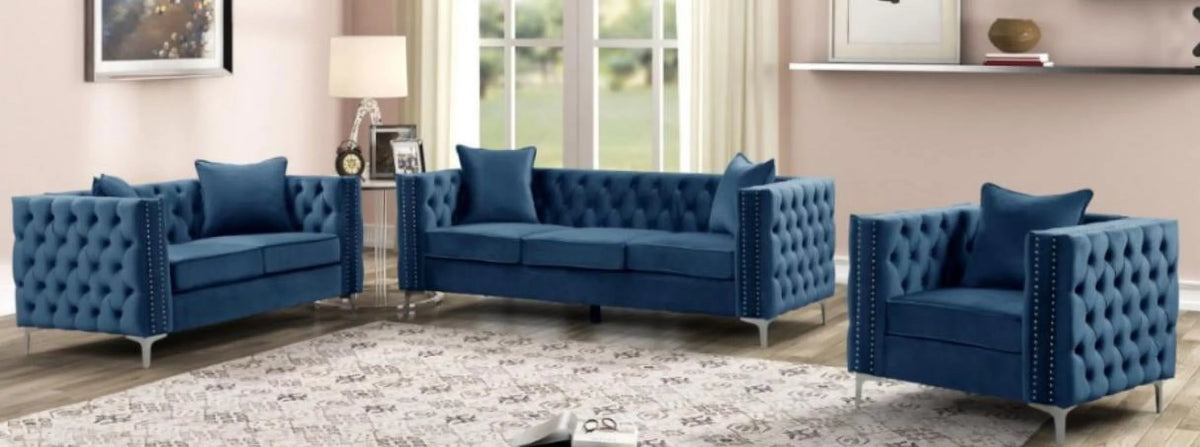 Blue Velvet Tufted Sofa Set 2Pcs K808533