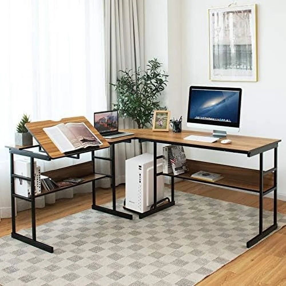 67 inches L-Shaped Corner Computer Desk with Bookshelves Q182395