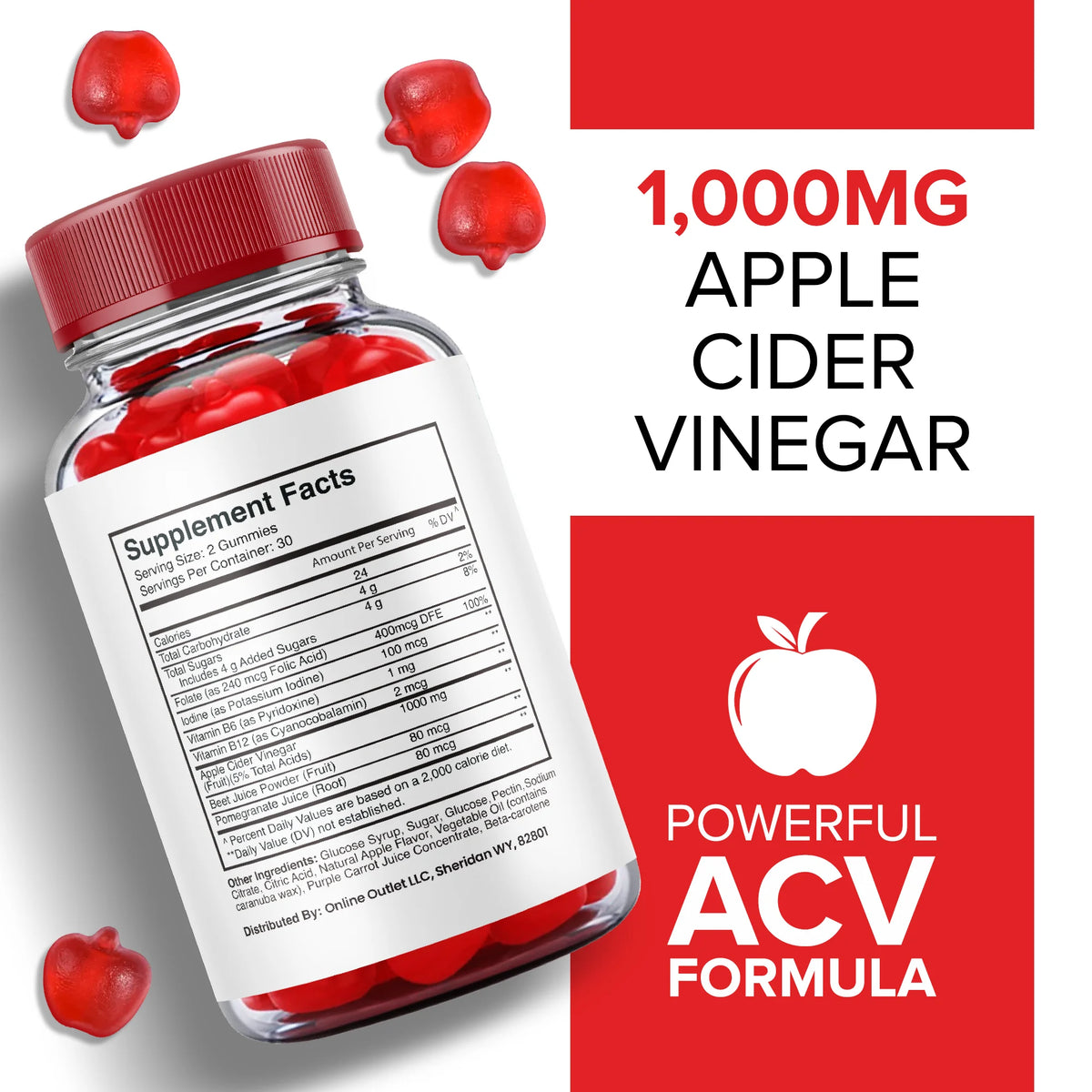 3 Pack 1000mg Apple Cider Vinegar Gummies with Vitamin B12 Beet Root O47759